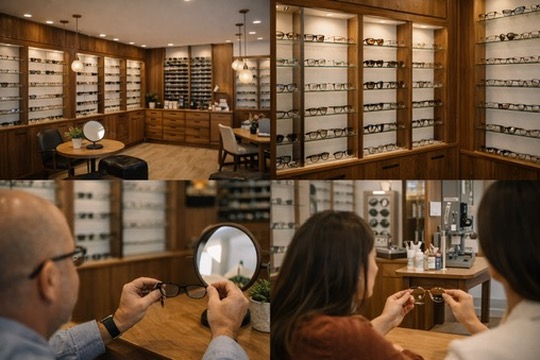 Intérieur boutique Luc Vision opticien Bruxelles — design scandinave bois clair lumineux